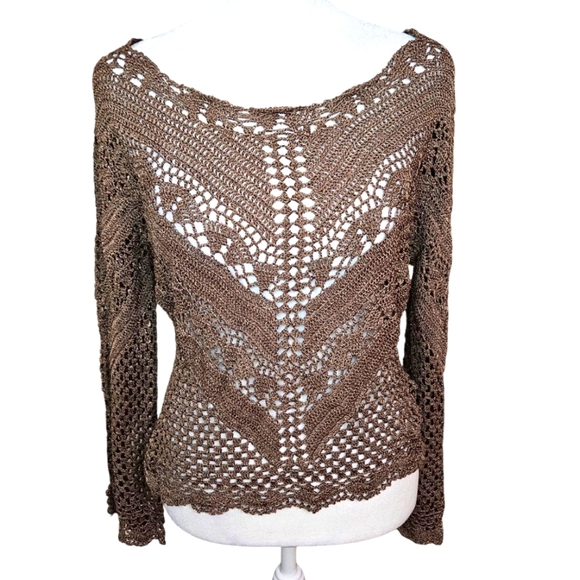 BCBGMaxAzria Crochet Metallic Thread Open Knit Top. Brown/gold. Size Large - Picture 1 of 12